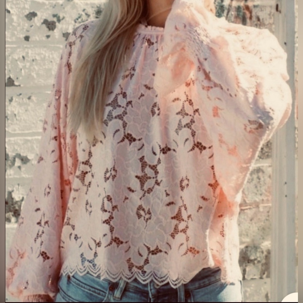 Free People Olivia Balloon Sleeve Lace Blouse / Soft Pink / Size Small - Picture 2 of 7